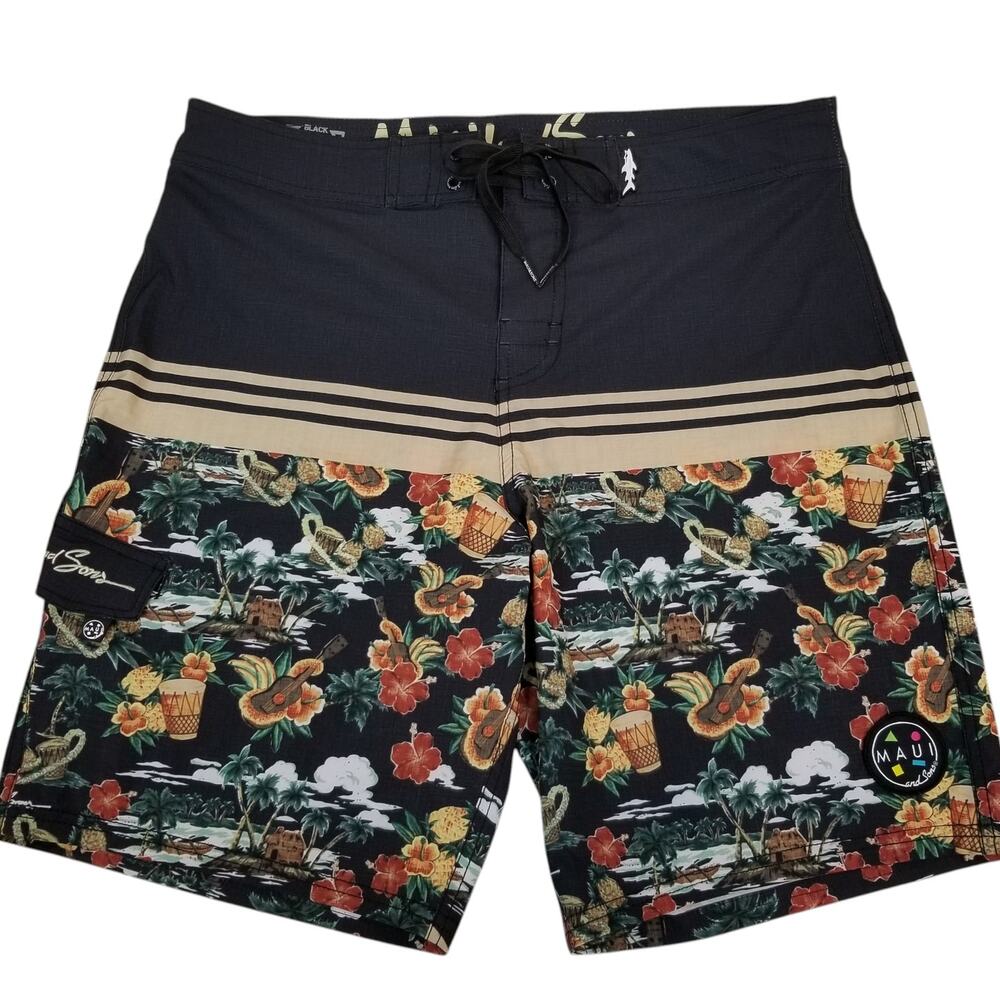 Maui & Son's Men's Swim Trunks Board Shorts Ukelele Shark 4 Way Stretch Black 32